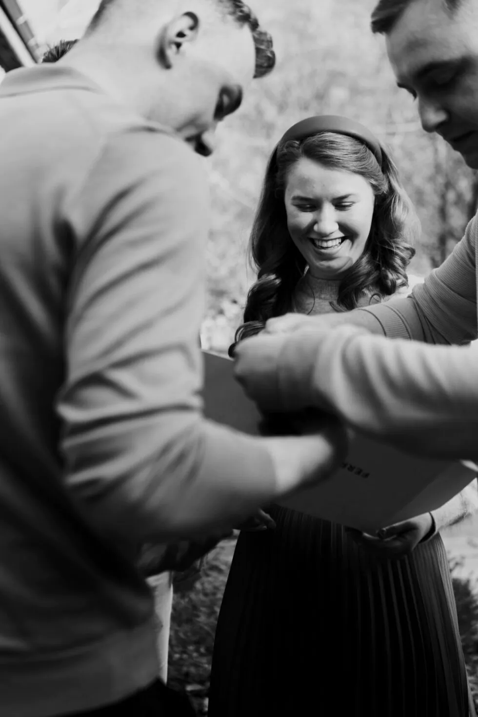Candid laughter in black and white