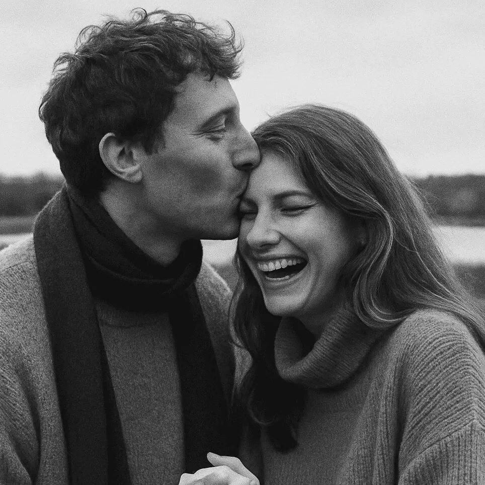 Couple touching foreheads during a relaxed pre-wedding shoot