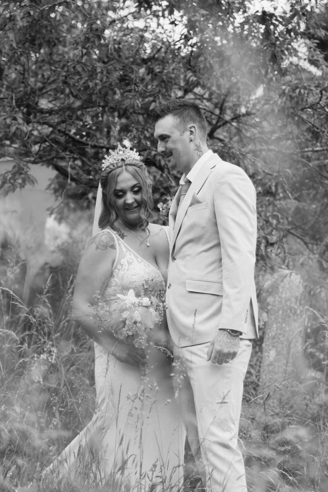 Newlyweds woodland portrait in black and white