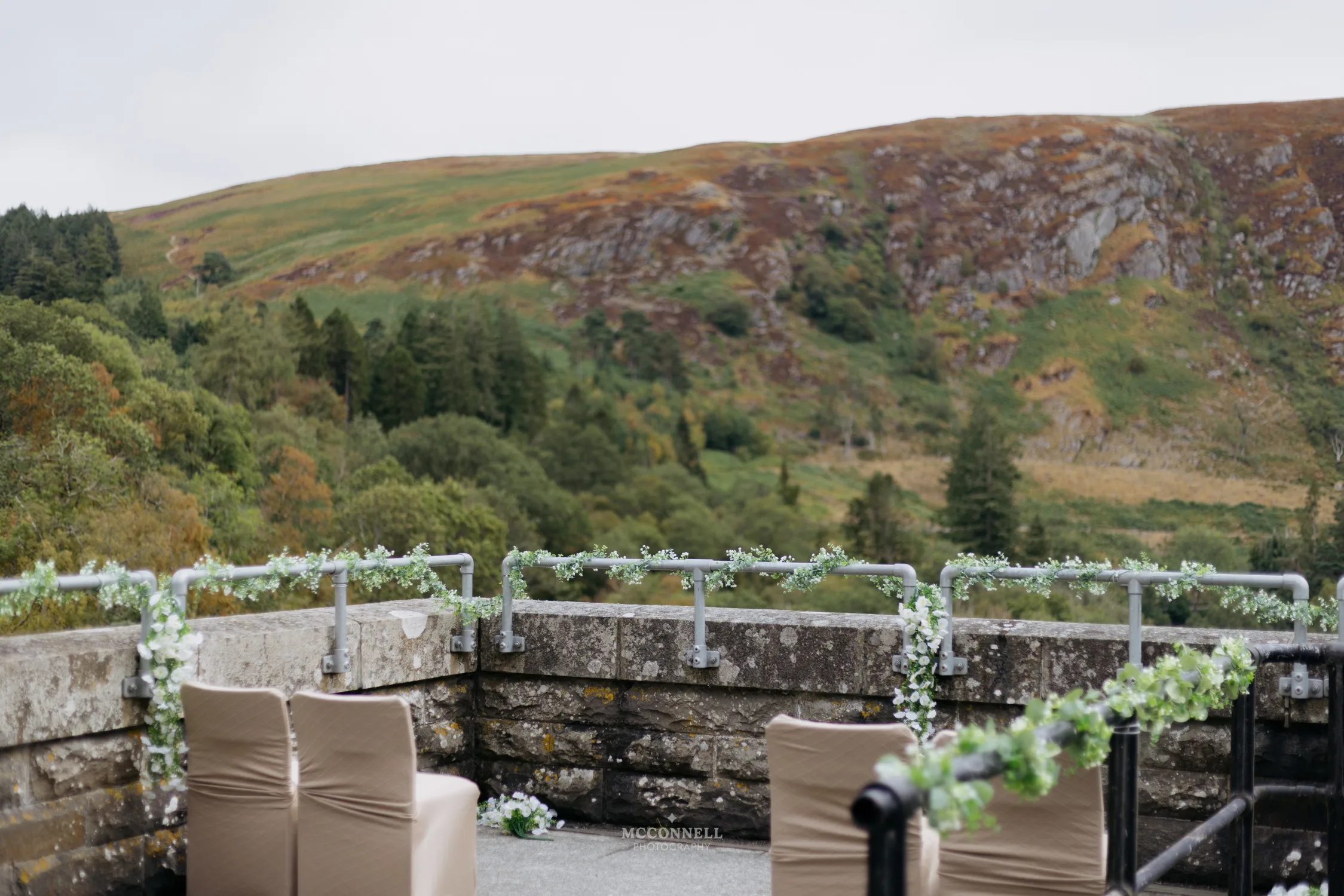 Wedding ceremony set up on Pen y Garreg Dam in the Elan Valley, Powys